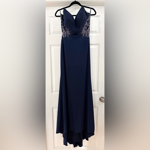 ELLIE WILDE EW34075 Long Jersey Mermaid Prom gown Blue Iridescent Crystals sz 6 - Picture 4 of 9